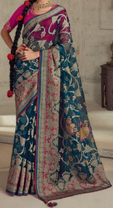 Exquisite Contrasting Blue Floral Organza saree with beautiful print, piping work or tassels on pallu | party wear saree | Festive saree